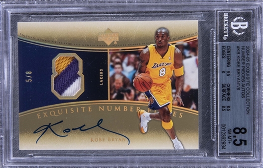 2004-05 UD "Exquisite Collection" Number Pieces Autographs #KB Kobe Bryant Signed Game Used Patch Card (#5/8) – BGS NM-MT+ 8.5/BGS 10